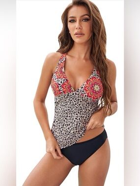 Leopard Halter Deep V Swimsuit Layered Two-Piece Tankini